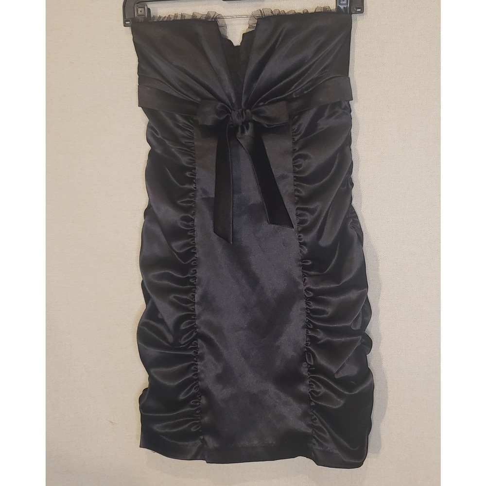 City Triangles Black Ruched Satin Strapless Mini Event Dress Bow Accent Size 3